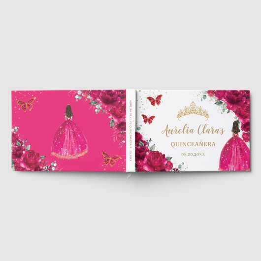 QUINCEAÑERA Fuchsia Roze Bloemen Prinses Gastenboek (Volledig)