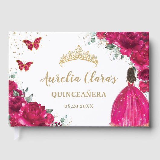 QUINCEAÑERA Fuchsia Roze Bloemen Prinses Gastenboek (Voorkant)