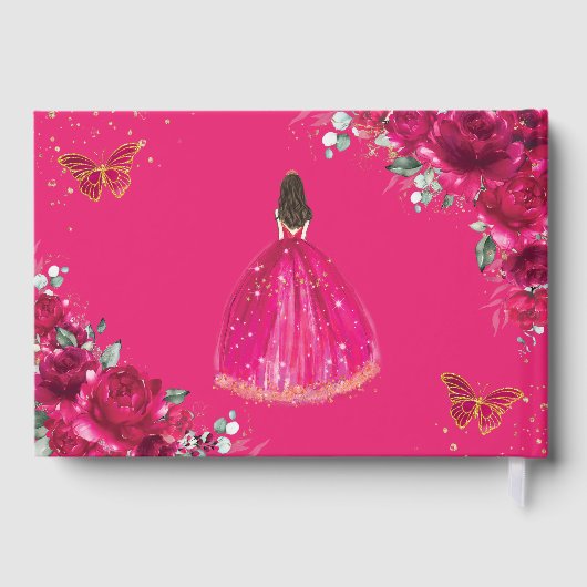 QUINCEAÑERA Fuchsia Roze Bloemen Prinses Gastenboek (Achterkant)