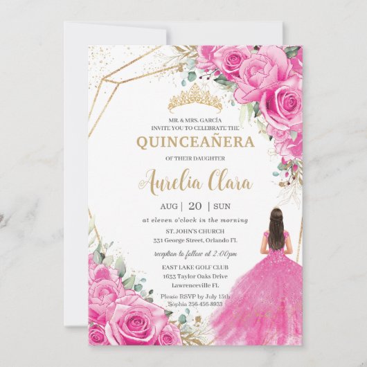Quinceañera Fuchsia Roze Bloemen Prinses Goud Kaart (Voorkant)