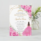 Quinceañera Fuchsia Roze Bloemen Prinses Goud Kaart (Staand voorkant)
