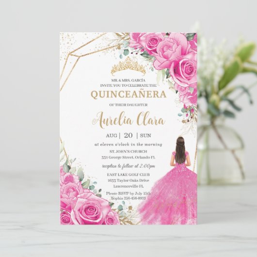 Quinceañera Fuchsia Roze Bloemen Prinses Goud Kaart (Staand voorkant)