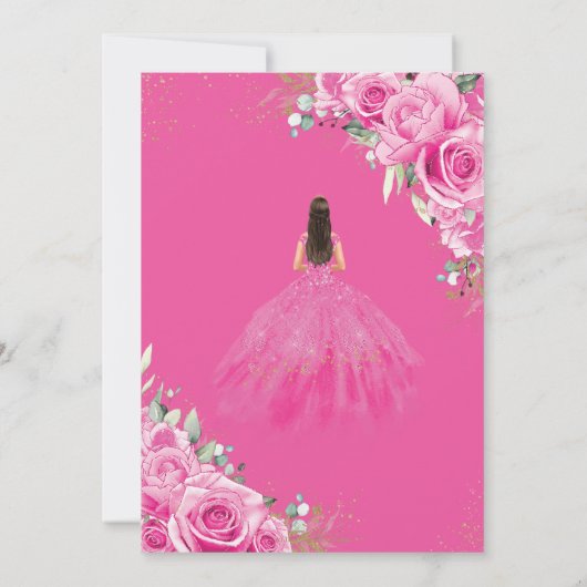 Quinceañera Fuchsia Roze Bloemen Prinses Goud Kaart (Achterkant)