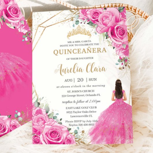 Quinceañera Fuchsia Roze Bloemen Prinses Goud Kaart