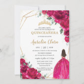 Quinceañera Fuchsia Roze Bloemen Prinses Gown Goud Kaart (Voorkant)