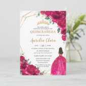 Quinceañera Fuchsia Roze Bloemen Prinses Gown Goud Kaart (Staand voorkant)