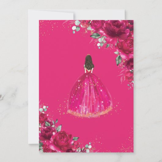 Quinceañera Fuchsia Roze Bloemen Prinses Gown Goud Kaart (Achterkant)