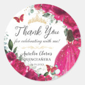 Quinceañera Fuchsia Roze Bloemen Prinses Gown Goud Ronde Sticker (Voorkant)