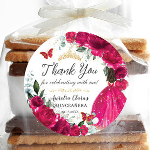 Quinceañera Fuchsia Roze Bloemen Prinses Gown Goud Ronde Sticker