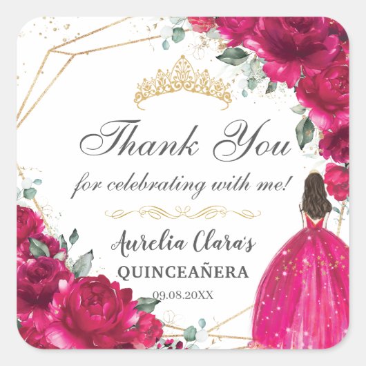 Quinceañera Fuchsia Roze Bloemen Prinses Gown Goud Vierkante Sticker (Voorkant)