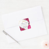 Quinceañera Fuchsia Roze Bloemen Prinses Gown Goud Vierkante Sticker (Envelop)