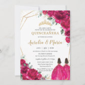 Quinceañera Fuchsia Roze Bloemen Tweeling Prinsess Kaart (Voorkant)