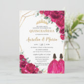 Quinceañera Fuchsia Roze Bloemen Tweeling Prinsess Kaart (Staand voorkant)