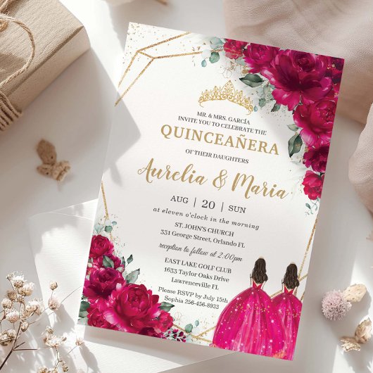 Quinceañera Fuchsia Roze Bloemen Tweeling Prinsess Kaart