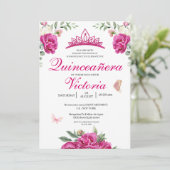 Quinceañera Fuchsia Roze Bloemen Vlinderkroon Kaart (Staand voorkant)