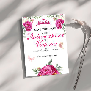 Quinceañera Fuchsia Roze Bloemen Vlinderkroon Save The Date
