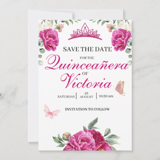Quinceañera Fuchsia Roze Bloemen Vlinderkroon Save The Date (Voorkant)