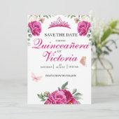 Quinceañera Fuchsia Roze Bloemen Vlinderkroon Save The Date (Staand voorkant)