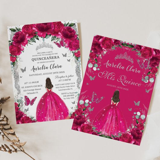 Quinceañera Fuchsia Roze Bloemen  Zilver Kaart