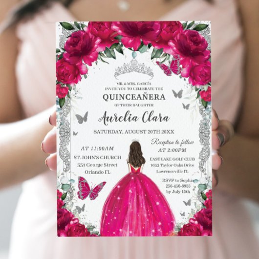 Quinceañera Fuchsia Roze Bloemen Zilver Kaart
