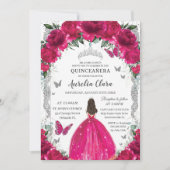 Quinceañera Fuchsia Roze Bloemen Zilver Kaart (Voorkant)