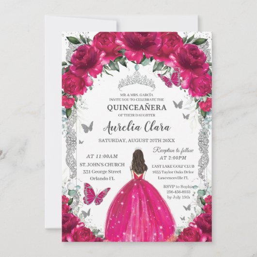 Quinceañera Fuchsia Roze Bloemen  Zilver Kaart (Voorkant)