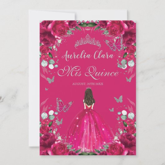 Quinceañera Fuchsia Roze Bloemen  Zilver Kaart (Achterkant)