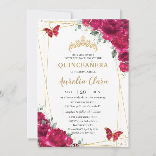 Quinceañera Fuchsia Roze Bloemenvlinders Tiara Kaart (Voorkant)