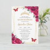 Quinceañera Fuchsia Roze Bloemenvlinders Tiara Kaart (Staand voorkant)