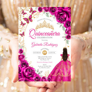 Quinceanera Fuchsia Roze Goud Bloem Kaart