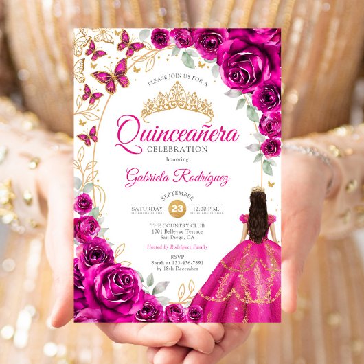 Quinceanera Fuchsia Roze Goud Bloem Kaart