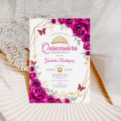 Quinceanera Fuchsia Roze Goud Bloemen Kaart