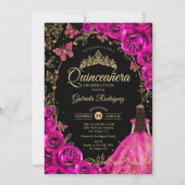 Quinceanera Fuchsia Roze Goud Zwart Kaart (Voorkant)