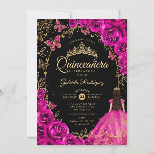 Quinceanera Fuchsia Roze Goud Zwart Kaart (Voorkant)