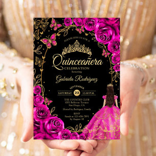 Quinceanera Fuchsia Roze Goud Zwart Kaart