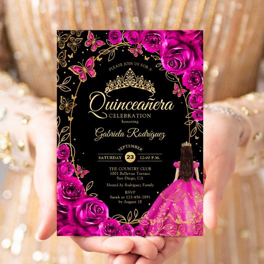 Quinceanera Fuchsia Roze Goud Zwart Kaart