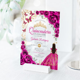 Quinceanera Fuchsia Roze Gouden Bloem Acryl Uitnodigingen