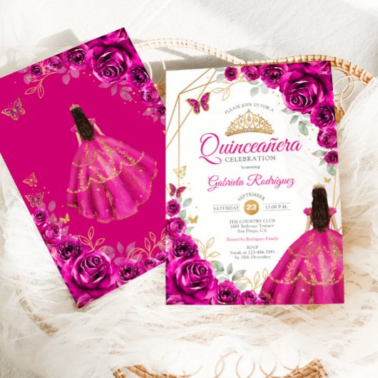 Quinceanera Fuchsia roze gouden jurk Kaart