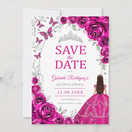 Quinceanera Fuchsia Roze Zilver Bloem Save The Date (Voorkant)