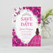 Quinceanera Fuchsia Roze Zilver Bloem Save The Date (Staand voorkant)