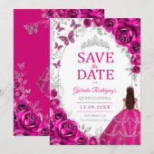 Quinceanera Fuchsia Roze Zilver Bloem Save The Date (Voorkant / Achterkant)