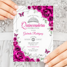Quinceanera Fuchsia Roze Zilveren Bloem