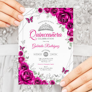 Quinceanera Fuchsia Roze Zilveren Bloem Kaart