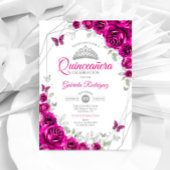 Quinceanera Fuchsia Roze Zilveren Bloem Kaart