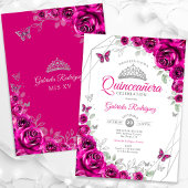 Quinceanera Fuchsia Roze Zilveren Bloem Kaart