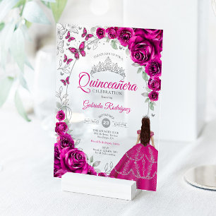 Quinceanera Fuchsia Roze Zilveren Bloemen Acryl Uitnodigingen