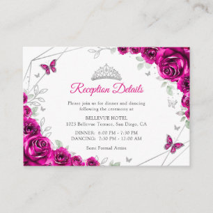Quinceanera Fuchsia Roze Zilveren Bloemendetails Informatiekaartje