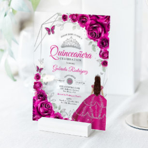 Quinceanera Fuchsia Roze Zilveren Jurk Acryl Uitnodigingen