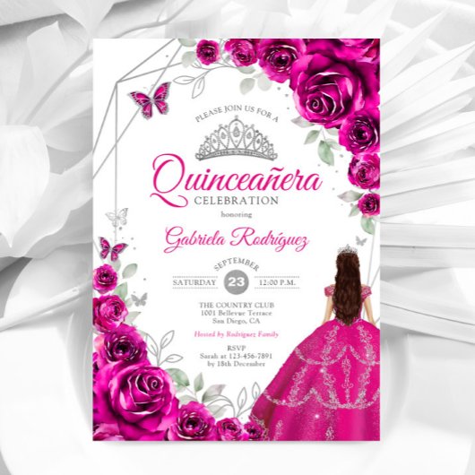 Quinceanera Fuchsia Roze Zilveren Jurk Kaart
