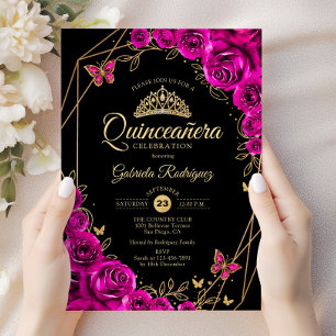 Quinceanera Fuchsia Roze Zwart Goud Bloemen Kaart